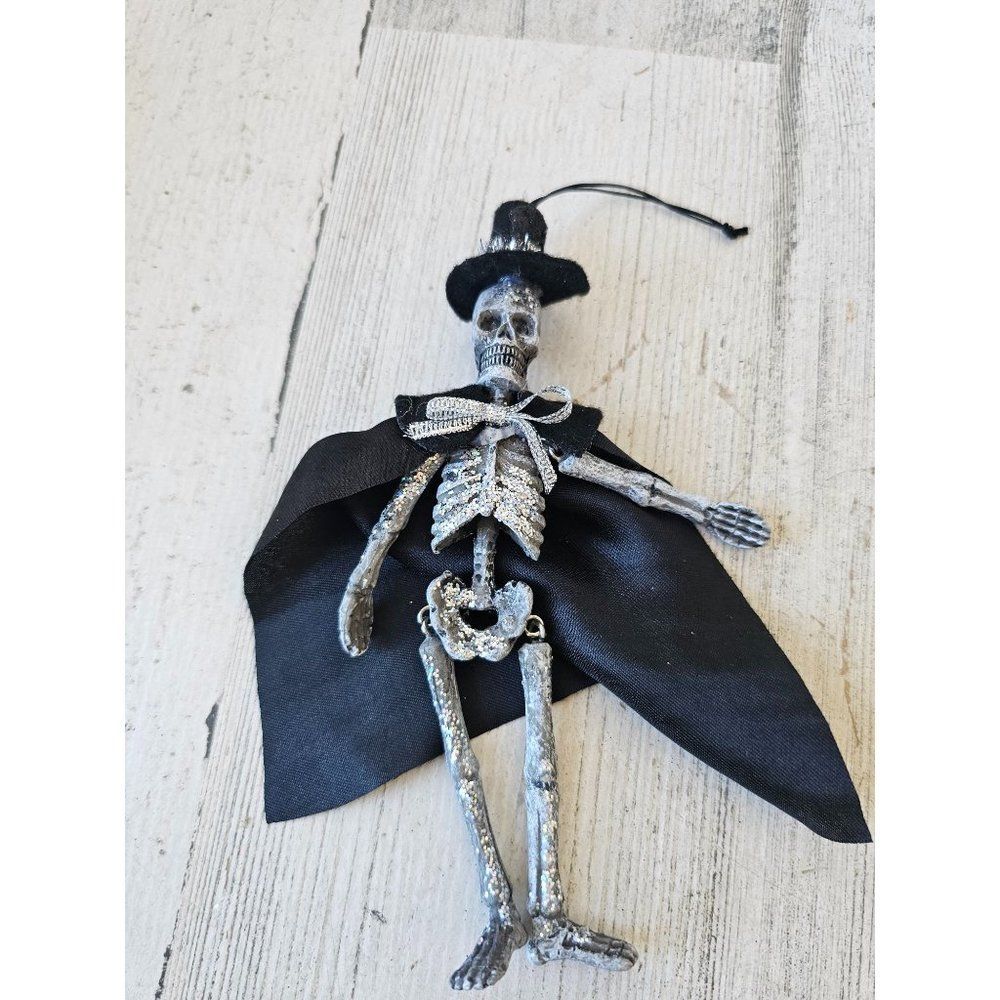 Jointed glitter skeleton ornament unique decor Halloween silver cape top hat‎